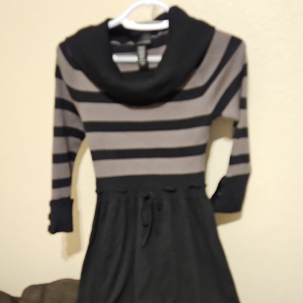 Apostrophe Black and Gray Striped Sweater Dress with Cowl Neck - Picture 2 of 11